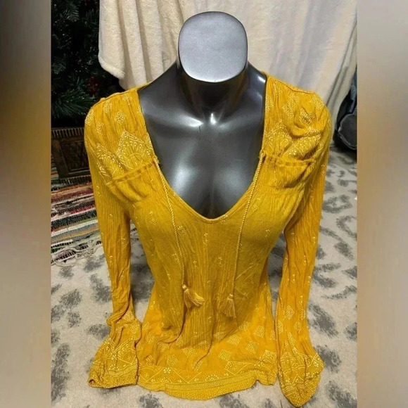 Lucky Brand Yellow Floral Print Vneck Boho Tassel Top Size Small - Picture 1 of 4
